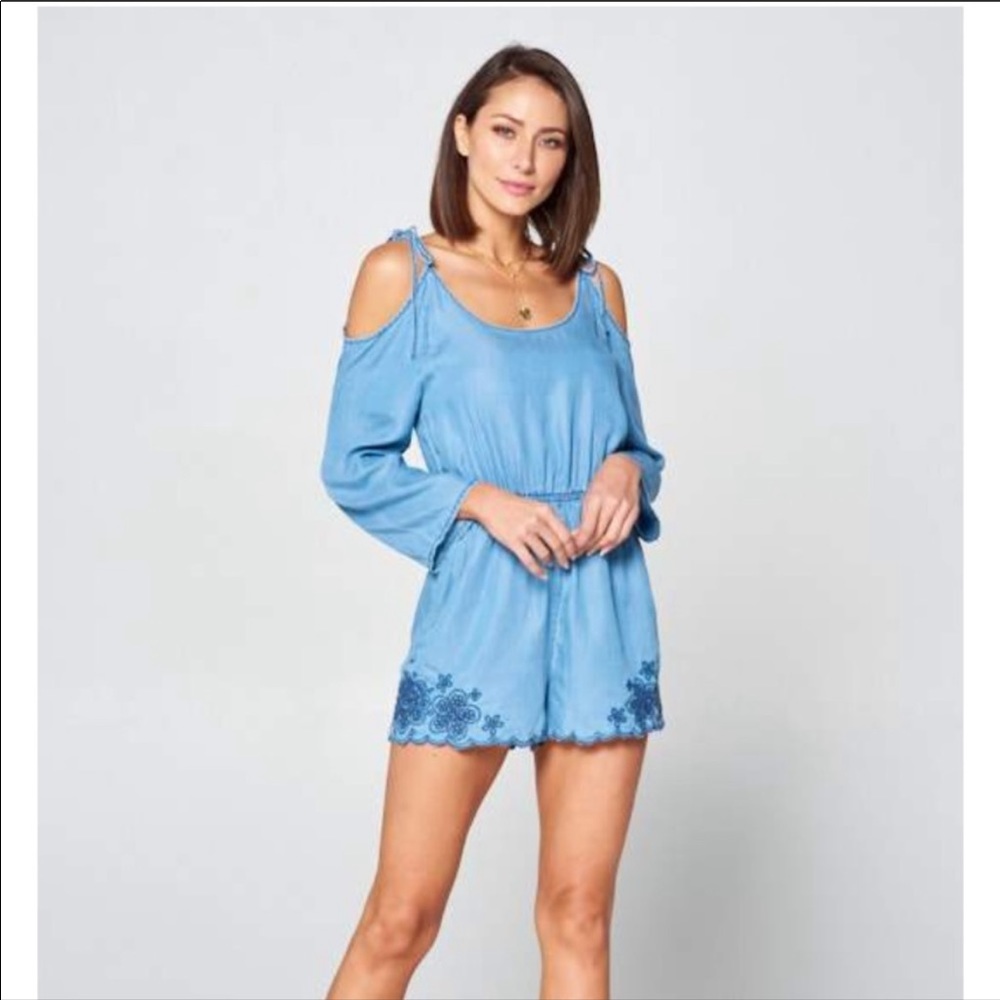 Fourteen Place Embroidered Chambray Romper